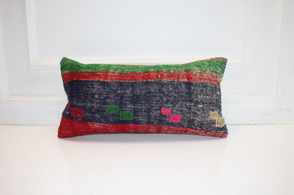 Handmade Kilim Pillow Cover 12x24: Upcycled Wool Boho Cushion Navy Red Green Tribal Accent