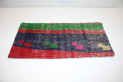 Handmade Kilim Pillow Cover 12x24: Upcycled Wool Boho Cushion Navy Red Green Tribal Accent