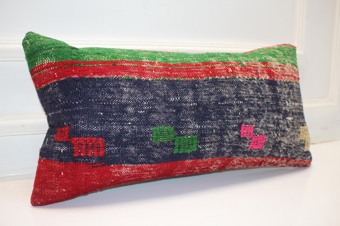 Handmade Kilim Pillow Cover 12x24: Upcycled Wool Boho Cushion Navy Red Green Tribal Accent