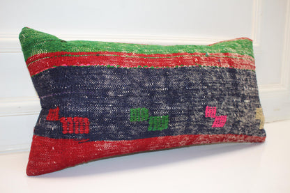 Handmade Kilim Pillow Cover 12x24: Upcycled Wool Boho Cushion Navy Red Green Tribal Accent