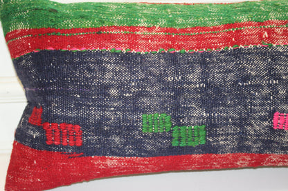 Handmade Kilim Pillow Cover 12x24: Upcycled Wool Boho Cushion Navy Red Green Tribal Accent