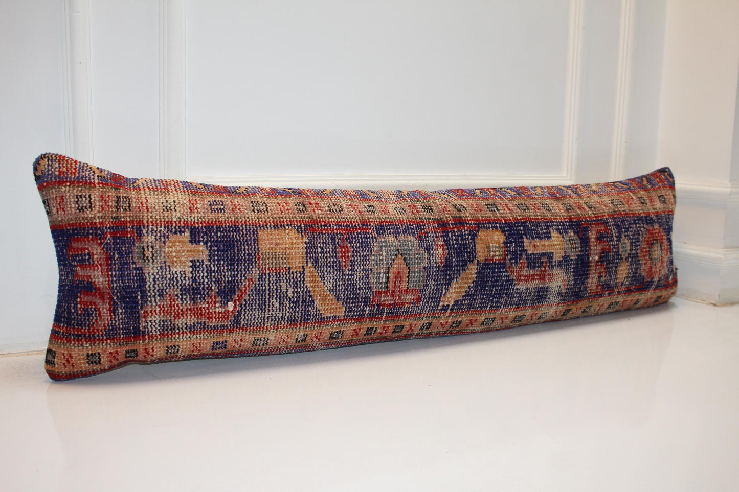 Long Patterned Textile Piece, Bold Blue Red Woven Surface, Elongated Decorative Form12X48