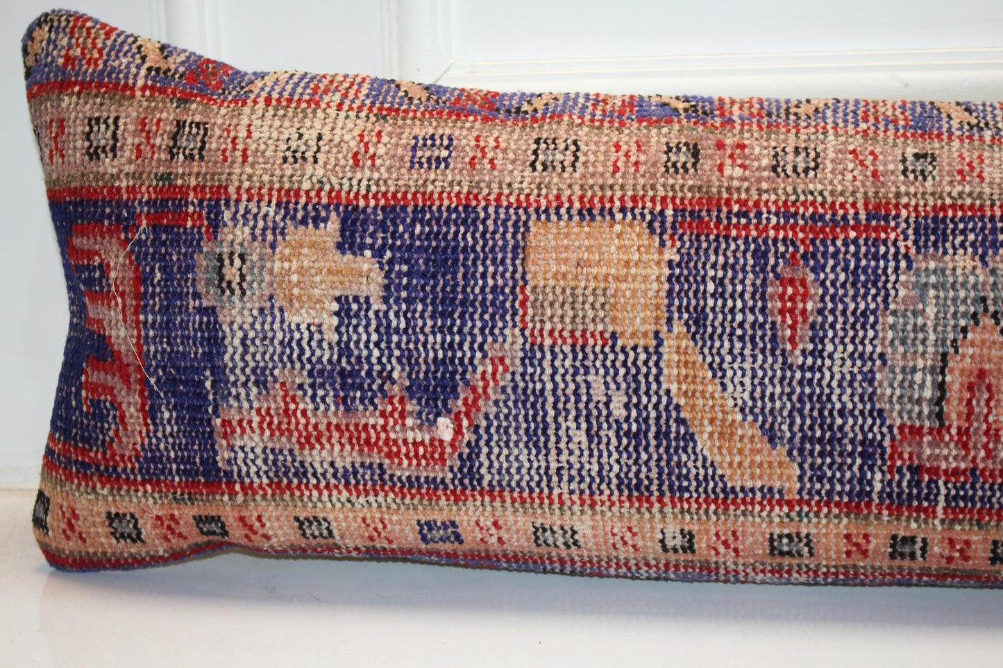 Long Patterned Textile Piece, Bold Blue Red Woven Surface, Elongated Decorative Form12X48