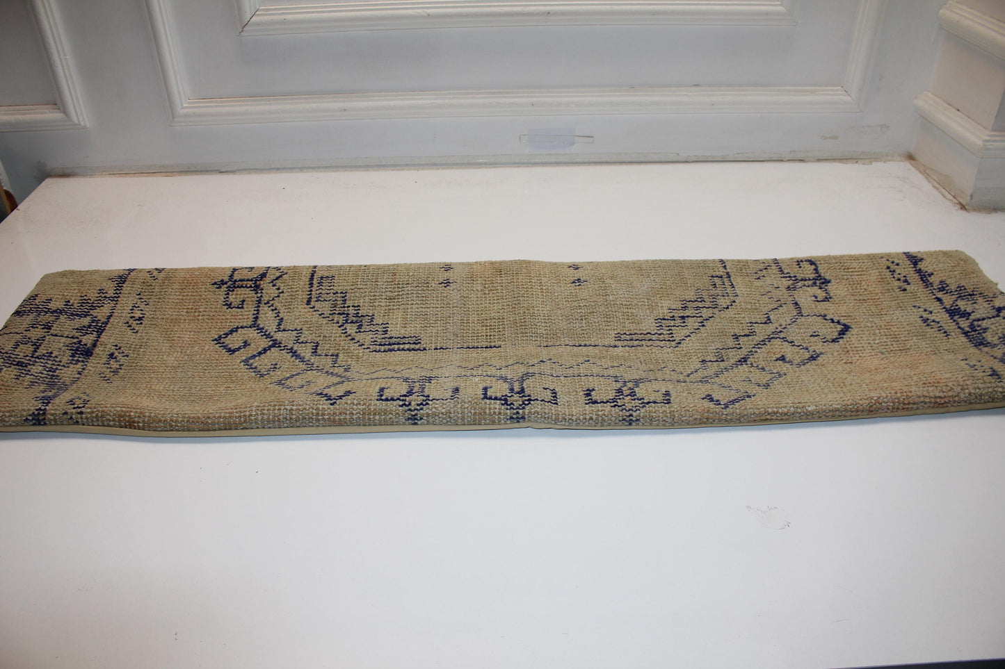 Long Woven Bolster Piece, Subtle Indigo Line Motifs on Sand Base, Horizontal Soft Accent12X48