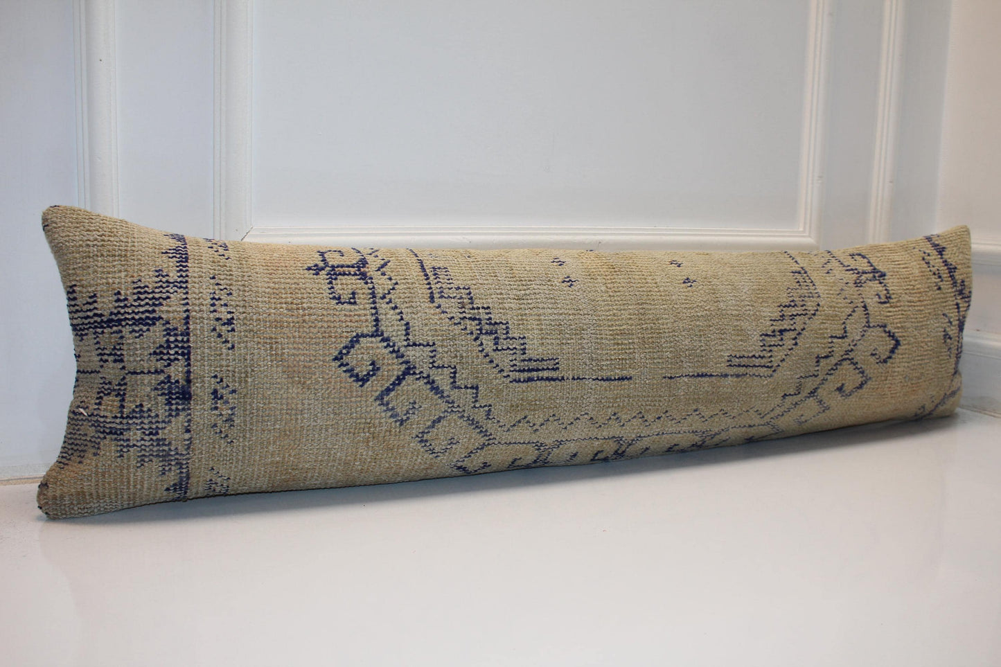 Long Woven Bolster Piece, Subtle Indigo Line Motifs on Sand Base, Horizontal Soft Accent12X48