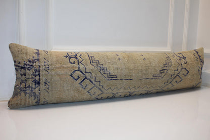 Long Woven Bolster Piece, Subtle Indigo Line Motifs on Sand Base, Horizontal Soft Accent12X48