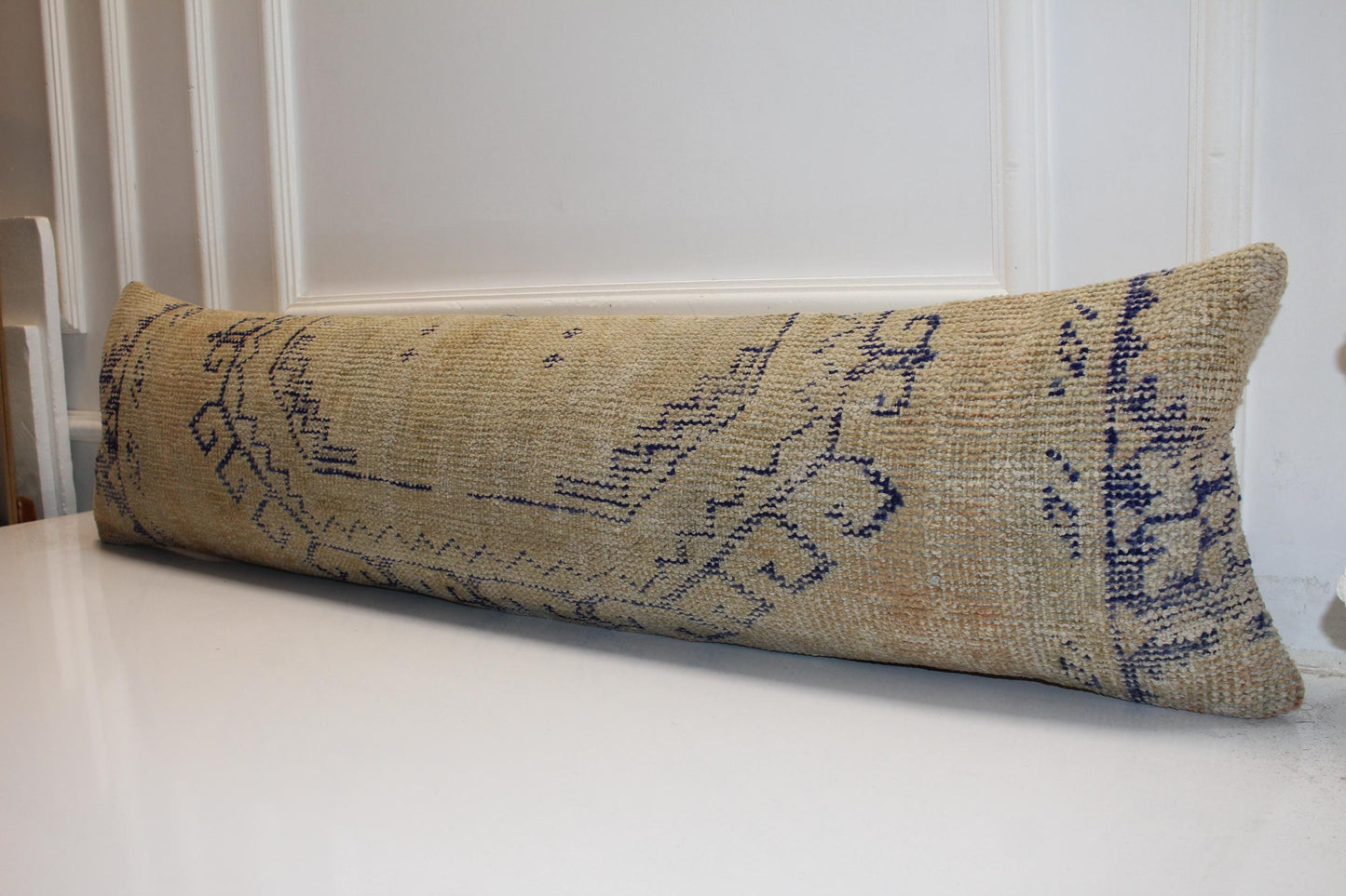 Long Woven Bolster Piece, Subtle Indigo Line Motifs on Sand Base, Horizontal Soft Accent12X48