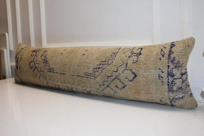 Long Woven Bolster Piece, Subtle Indigo Line Motifs on Sand Base, Horizontal Soft Accent12X48