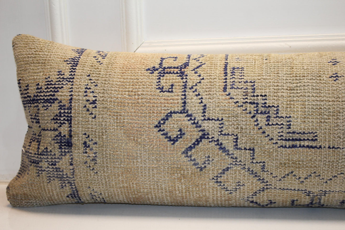 Long Woven Bolster Piece, Subtle Indigo Line Motifs on Sand Base, Horizontal Soft Accent12X48