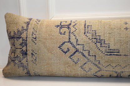 Long Woven Bolster Piece, Subtle Indigo Line Motifs on Sand Base, Horizontal Soft Accent12X48
