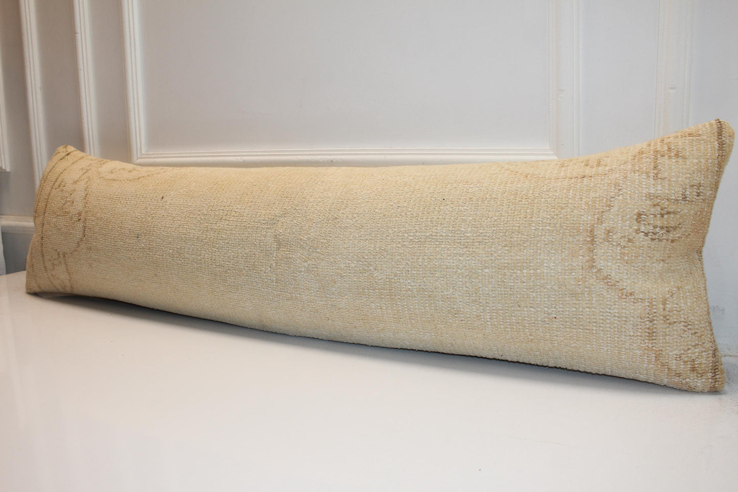 Handmade Kilim Bolster Pillow Cover, Indigo Line, Sand Beige, 12x48