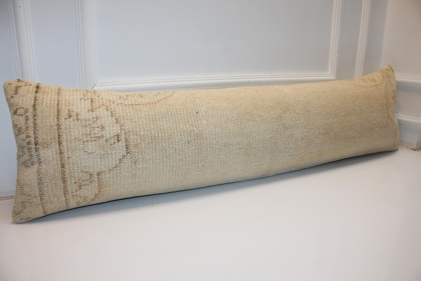 Handmade Kilim Bolster Pillow Cover, Indigo Line, Sand Beige, 12x48