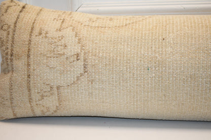 Handmade Kilim Bolster Pillow Cover, Indigo Line, Sand Beige, 12x48