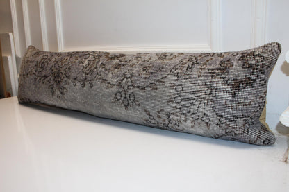 Long Grey Woven Piece, Faded Botanical Traces on Ash Base, Horizontal Soft Element 12X48