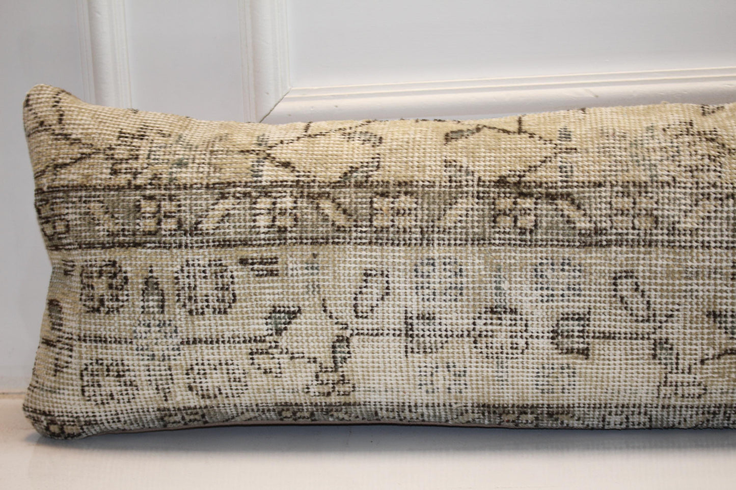 Long Neutral Weave Panel, Soft Botanical Mapping on Pale Base, Horizontal Fabric Detail 12X48