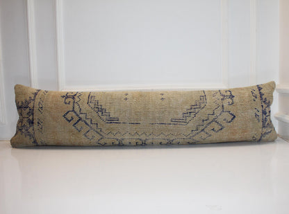 Long Woven Bolster Piece, Subtle Indigo Line Motifs on Sand Base, Horizontal Soft Accent12X48