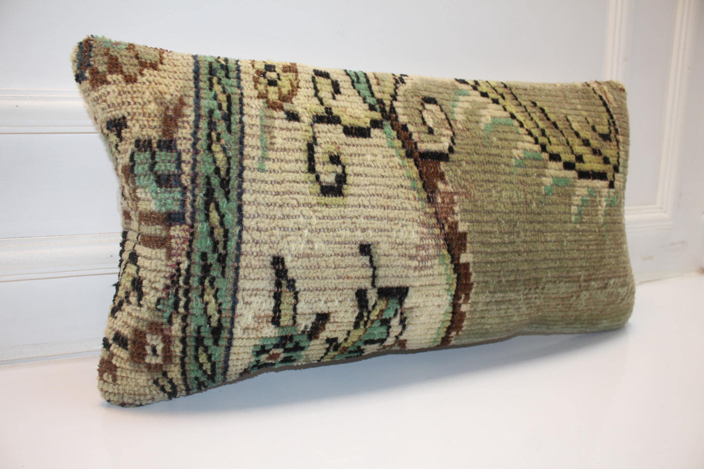 Vintage Turkish Rug Lumbar Pillow Cover 12x24 Sage Green Olive Kilim Cushion