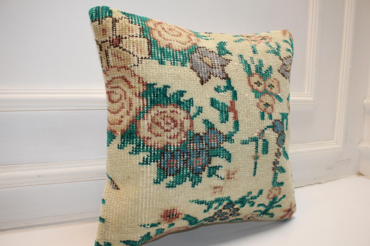 Botanical Garden Anatolian Textile Pillow 16x16 Emerald & Cream Woven Accent Floral Heritage Cushion