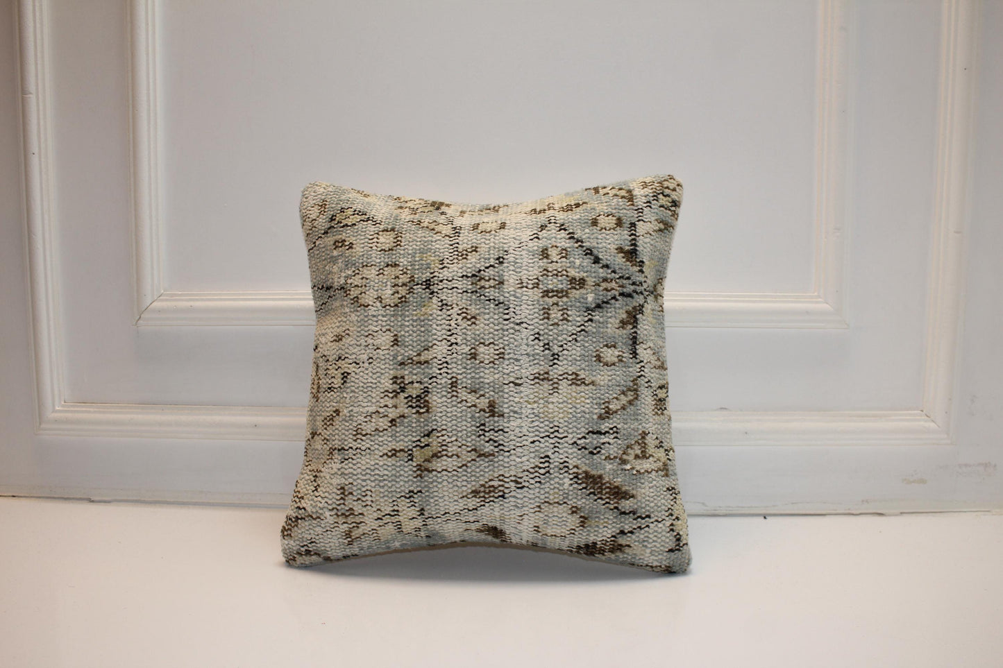 Powder Blue & Stone Woven Textile Pillow 16x16 Subtle Geometric Accent Soft Heritage Cushion