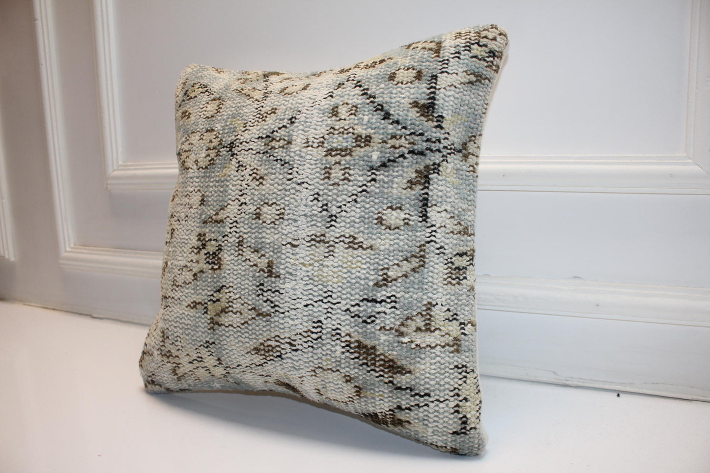 Powder Blue & Stone Woven Textile Pillow 16x16 Subtle Geometric Accent Soft Heritage Cushion