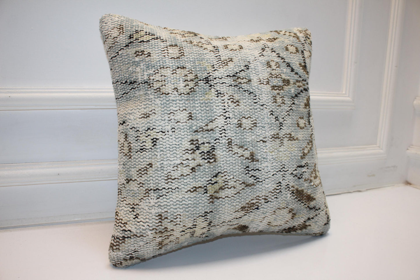 Powder Blue & Stone Woven Textile Pillow 16x16 Subtle Geometric Accent Soft Heritage Cushion