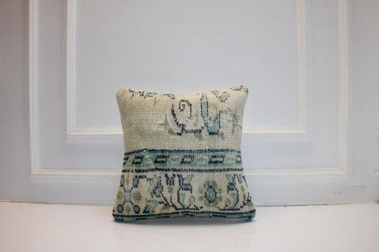 Soft Jade & Cream Woven Textile Pillow 16x16 Subtle Tribal Accent Mint Green Heritage Cushion