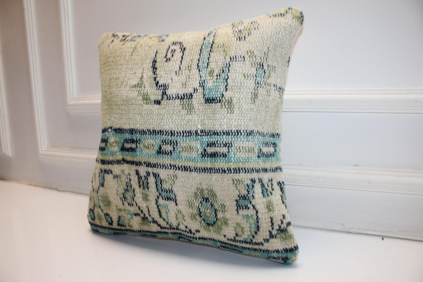Soft Jade & Cream Woven Textile Pillow 16x16 Subtle Tribal Accent Mint Green Heritage Cushion