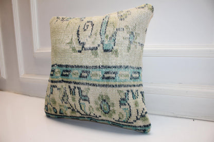 Soft Jade & Cream Woven Textile Pillow 16x16 Subtle Tribal Accent Mint Green Heritage Cushion