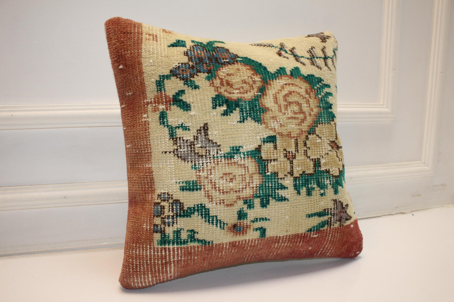 Rose Garden Heritage Textile Pillow 16x16 Cream & Terracotta Woven Floral Accent Vintage Inspired Cushion