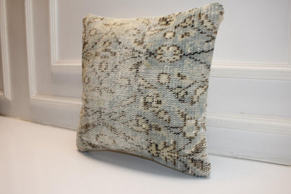 Icy Blue & Stone Heritage Textile Pillow 16x16 Subtle Geometric Woven Accent Refined Neutral Cushion