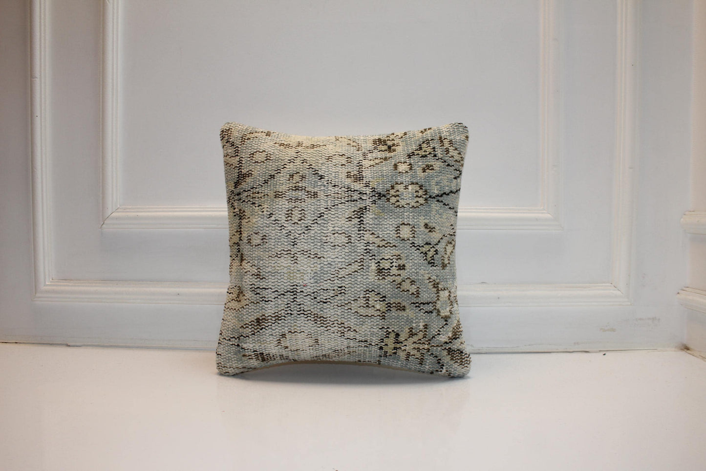 Icy Blue & Stone Heritage Textile Pillow 16x16 Subtle Geometric Woven Accent Refined Neutral Cushion