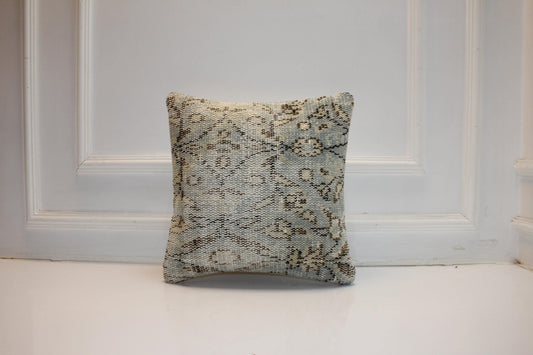 Icy Blue & Stone Heritage Textile Pillow 16x16 Subtle Geometric Woven Accent Refined Neutral Cushion