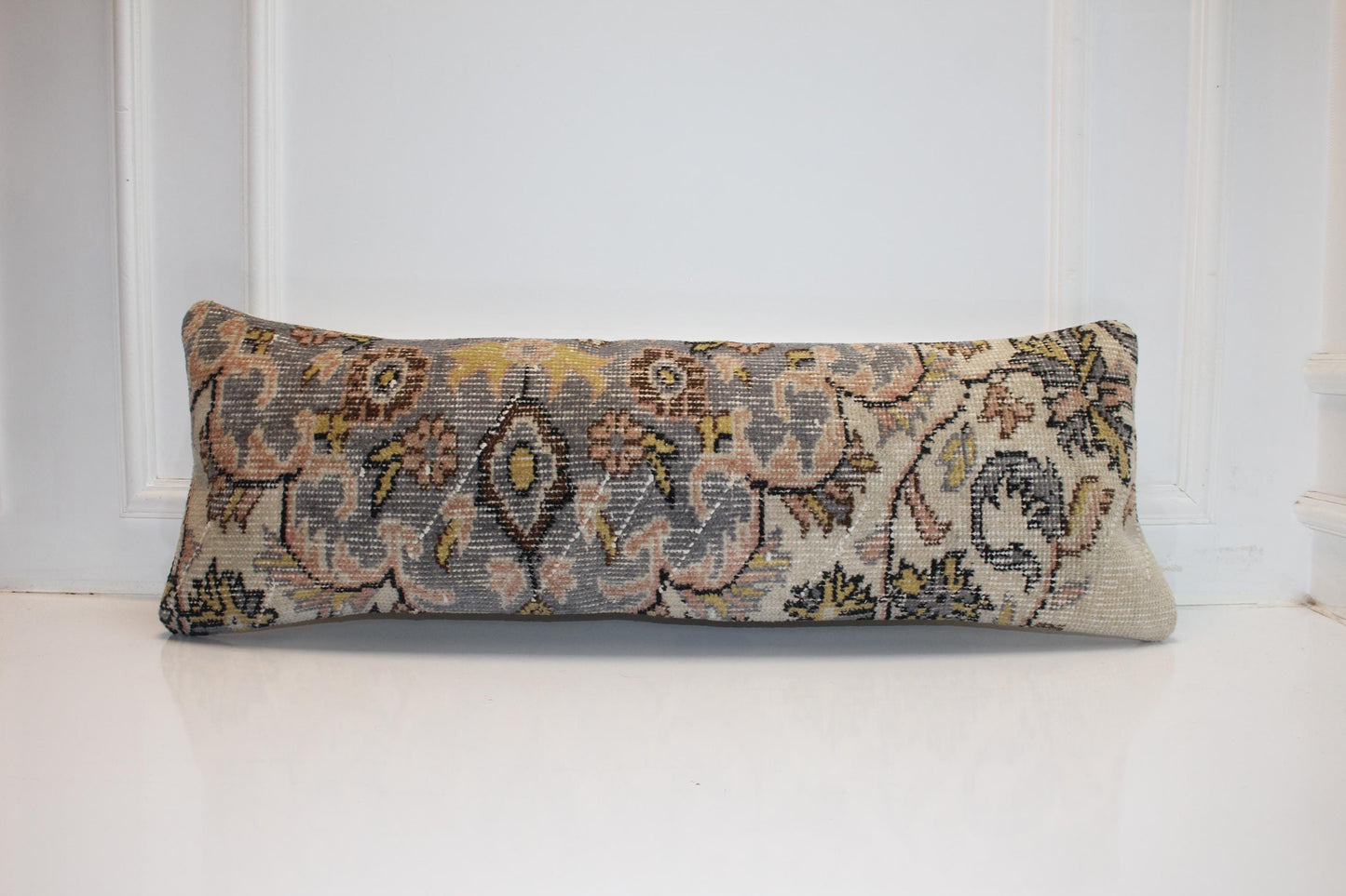 Ornate Silver & Blush Heritage Textile Lumbar Pillow 12x36 Soft Gold Accent Long Woven Cushion