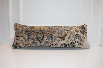 Ornate Silver & Blush Heritage Textile Lumbar Pillow 12x36 Soft Gold Accent Long Woven Cushion