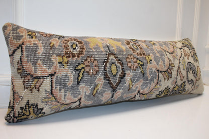 Ornate Silver & Blush Heritage Textile Lumbar Pillow 12x36 Soft Gold Accent Long Woven Cushion