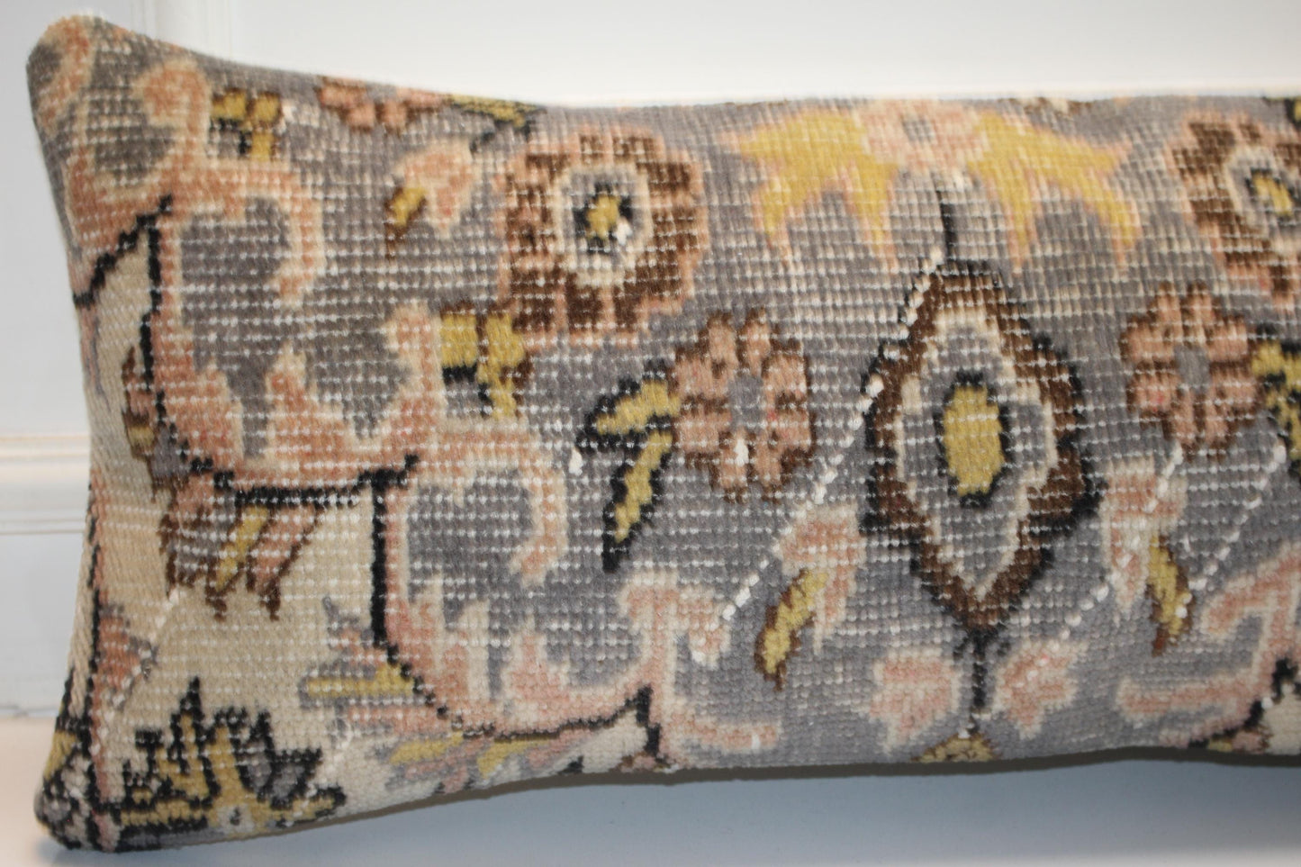 Ornate Silver & Blush Heritage Textile Lumbar Pillow 12x36 Soft Gold Accent Long Woven Cushion