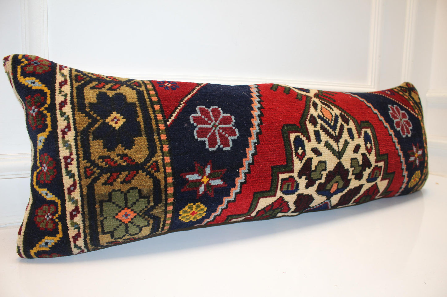 Royal Crimson & Midnight Nomad Textile Lumbar Pillow 12x36 Graphic Heritage Woven Long Bench Cushion