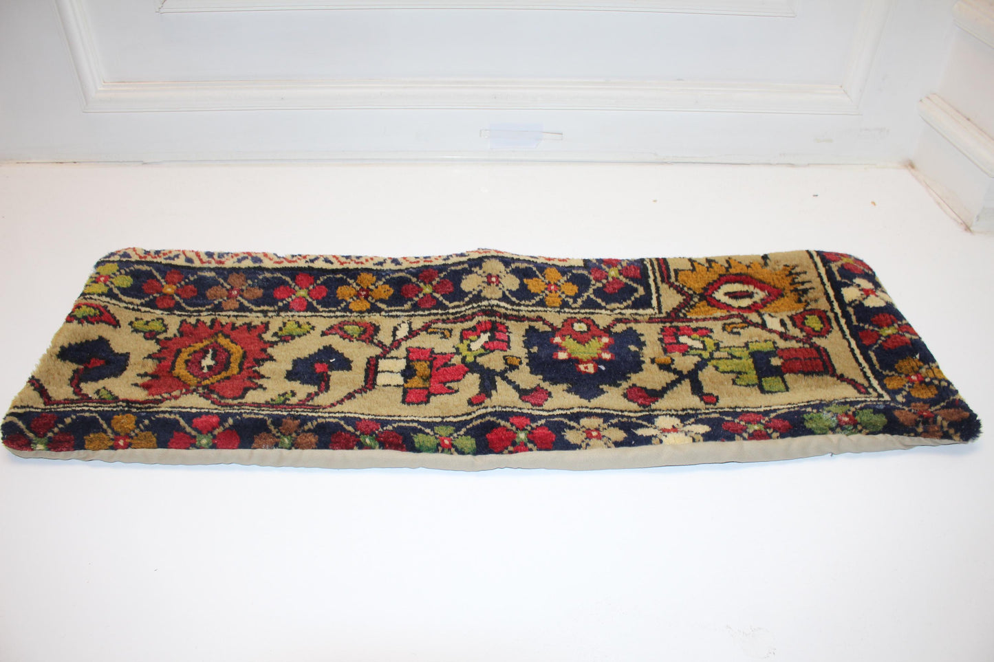 Vintage Tapestry Heritage Textile Lumbar Pillow 12x36 Sand & Navy Woven Statement Long Bench Cushion