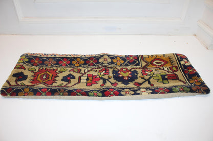 Vintage Tapestry Heritage Textile Lumbar Pillow 12x36 Sand & Navy Woven Statement Long Bench Cushion