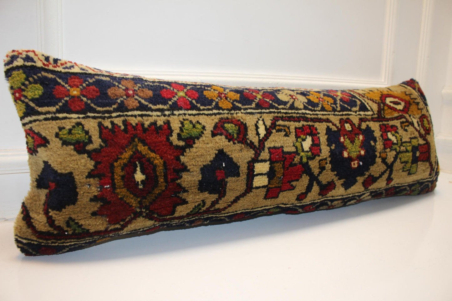 Vintage Tapestry Heritage Textile Lumbar Pillow 12x36 Sand & Navy Woven Statement Long Bench Cushion