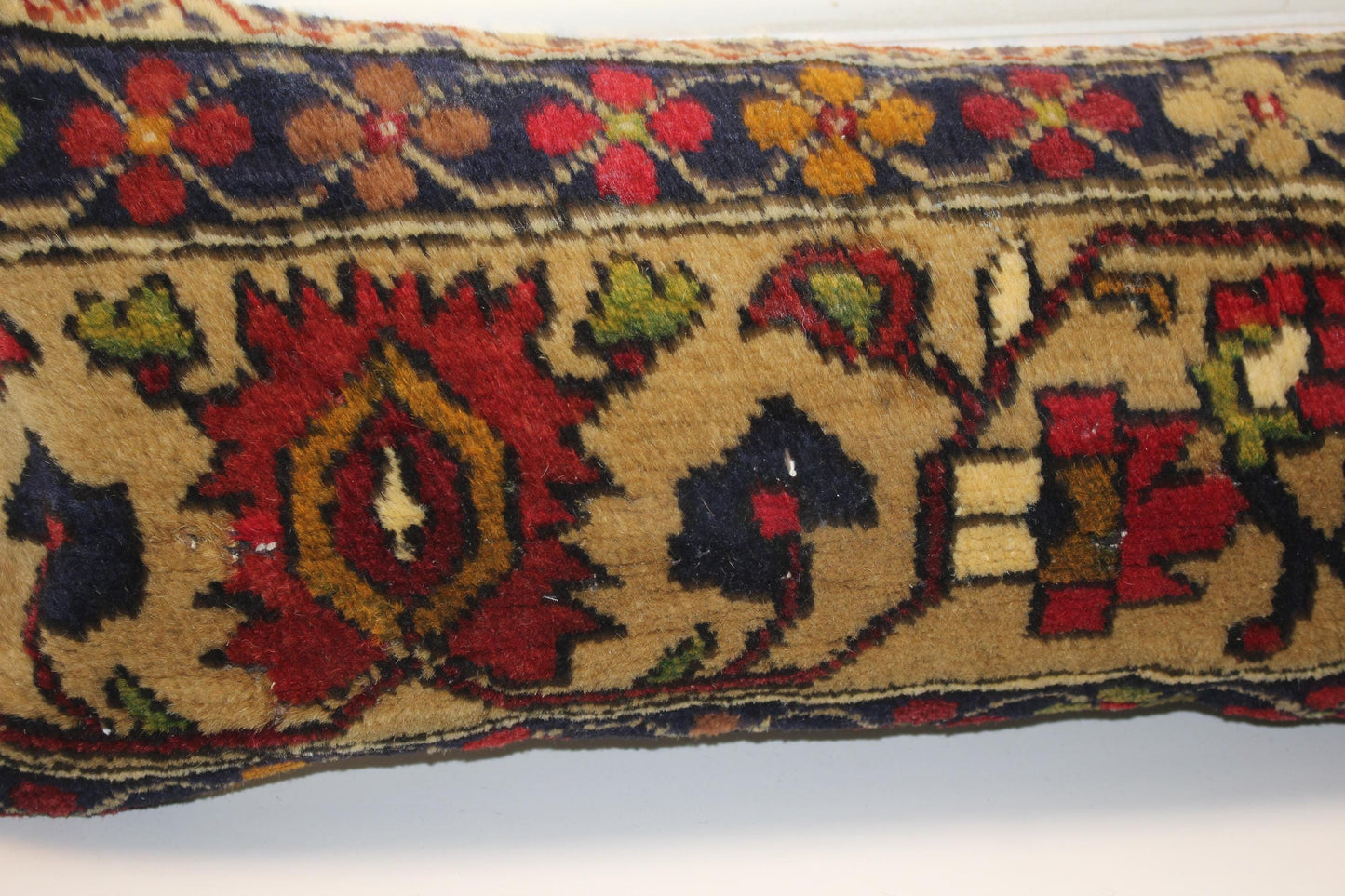 Vintage Tapestry Heritage Textile Lumbar Pillow 12x36 Sand & Navy Woven Statement Long Bench Cushion