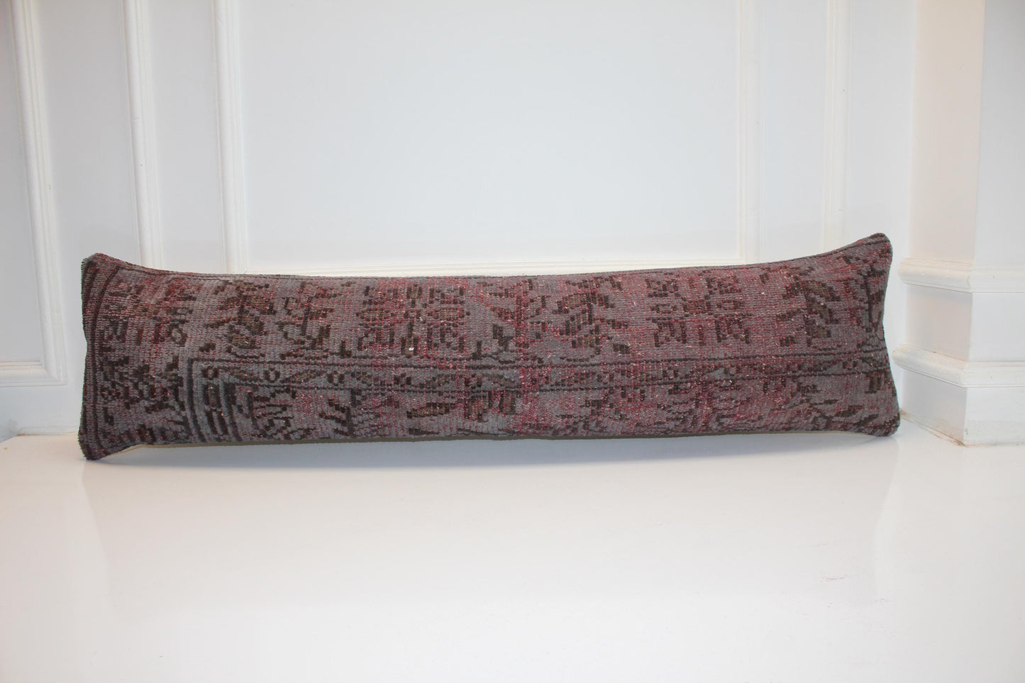 Handmade Turkish Kilim Lumbar Pillow Cover, Oxblood Red, 12x48