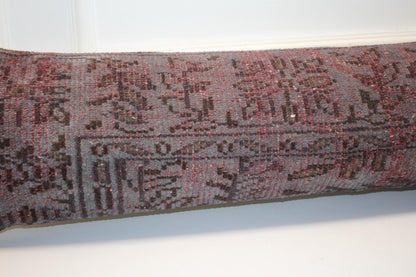 Handmade Turkish Kilim Lumbar Pillow Cover, Oxblood Red, 12x48