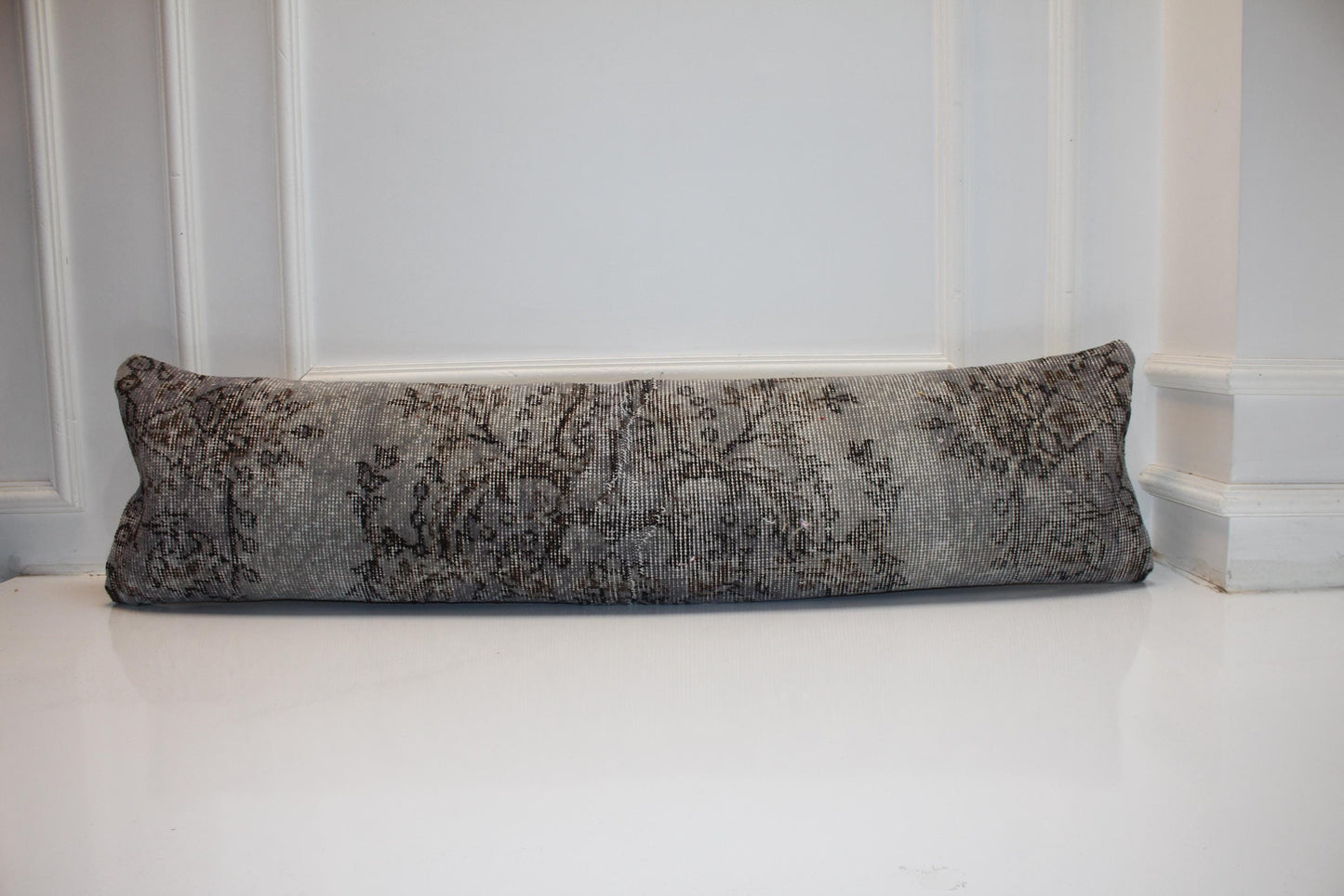 Handmade Gray Turkish Kilim Lumbar Pillow Cover, Upcycled Wool, 12x48