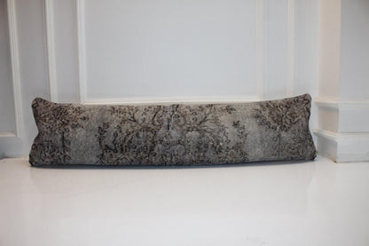 Handmade Gray Turkish Kilim Lumbar Pillow Cover, Upcycled Wool, 12x48