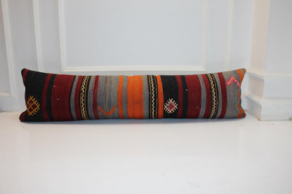 Vintage Turkish Kilim Lumbar Pillow Cover, Boho Bench Cushion 12x48