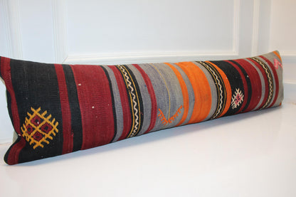 Vintage Turkish Kilim Lumbar Pillow Cover, Boho Bench Cushion 12x48