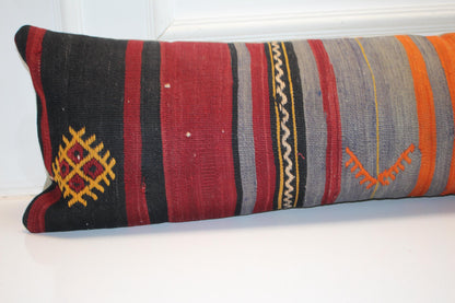 Vintage Turkish Kilim Lumbar Pillow Cover, Boho Bench Cushion 12x48