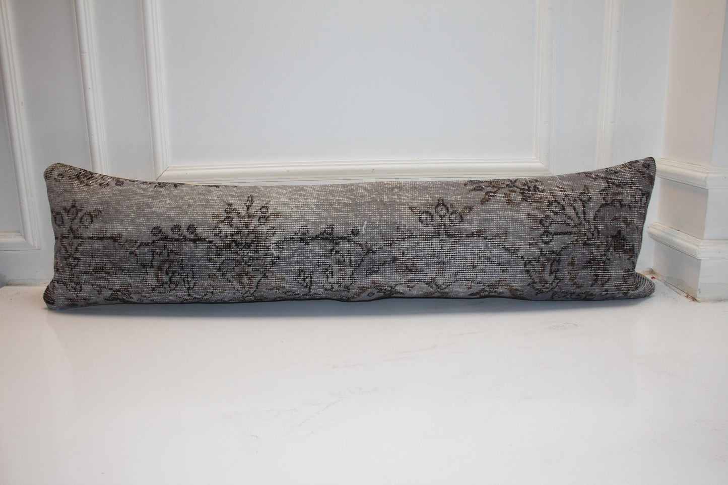 Handmade Kilim Lumbar Pillow Cover, Charcoal Gray Floral Bench Cushion (12x48 inc.)