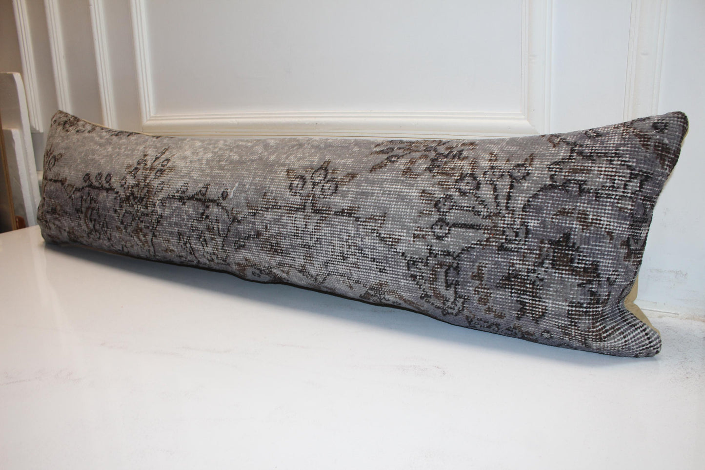 Handmade Kilim Lumbar Pillow Cover, Charcoal Gray Floral Bench Cushion (12x48 inc.)